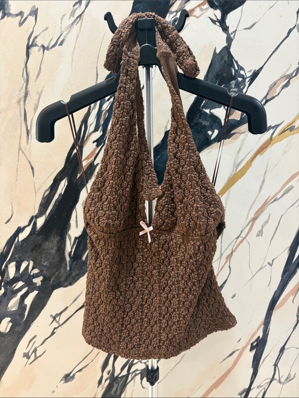 Edikted Brown Textured Knit Shoulder Bag with Bow Accent